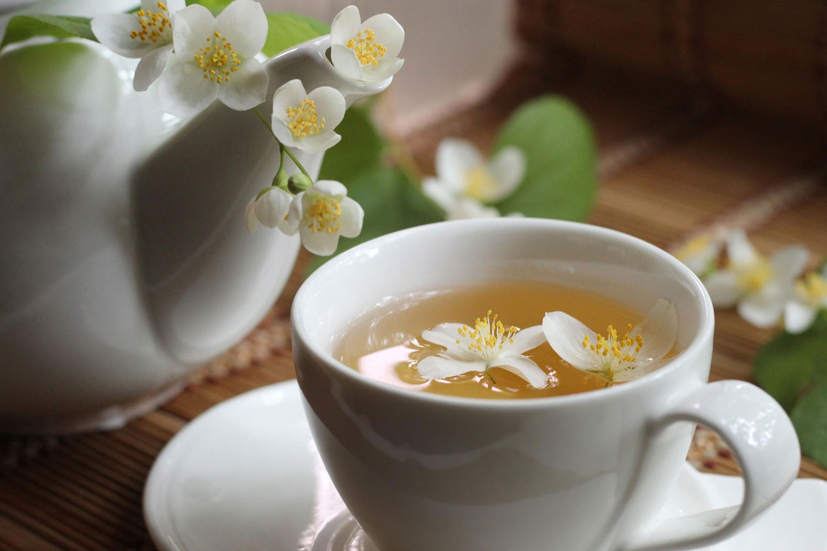 Cup of tea, teapot and jasmin flower